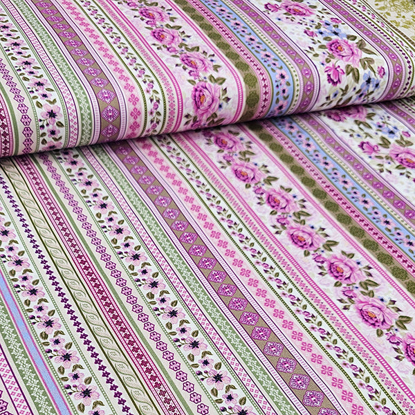 Baumwollsatin Siena Blumen und Streifen rosa, flieder und grün