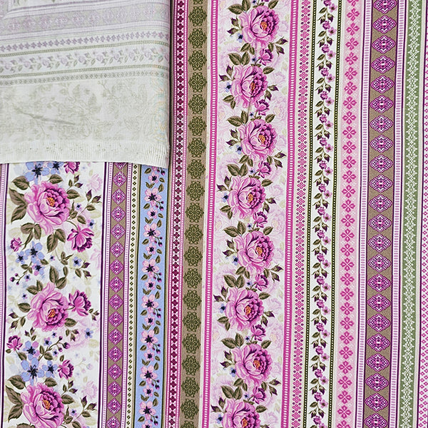 Baumwollsatin Siena Blumen und Streifen rosa, flieder und grün