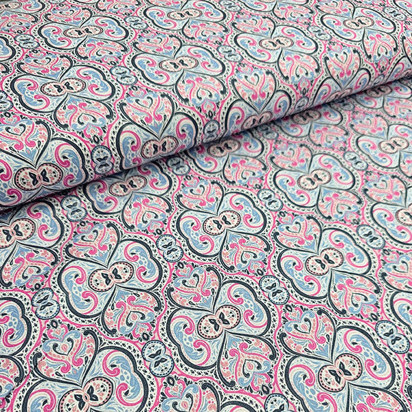 Baumwollsatin Siena Ornamente blau und rosa