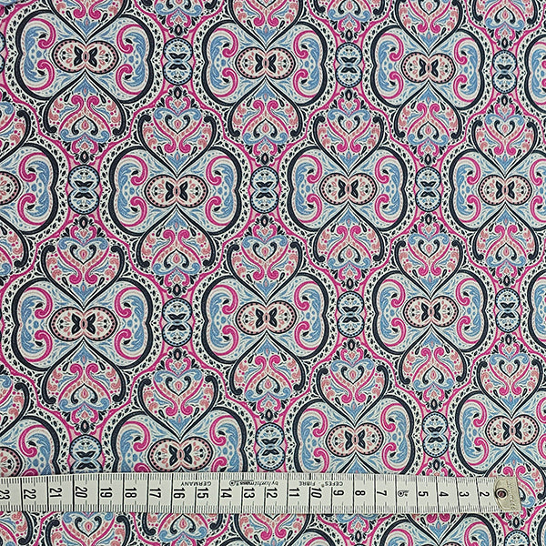 Baumwollsatin Siena Ornamente blau und rosa