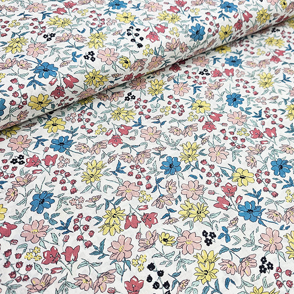 Baumwoll-Voile Digital Blumen blau, gelb und rosa