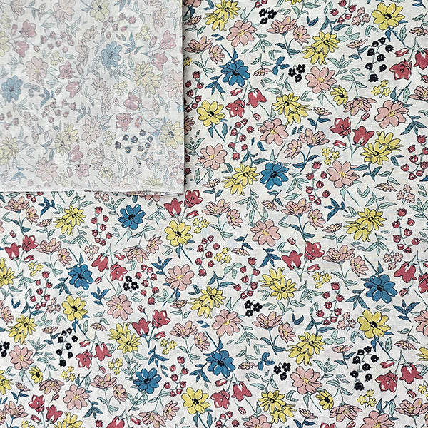 Baumwoll-Voile Digital Blumen blau, gelb und rosa