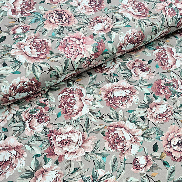 Baumwollsatin Blumen grün und altrosa