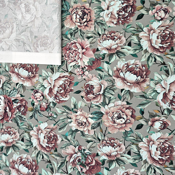 Baumwollsatin Blumen grün und altrosa
