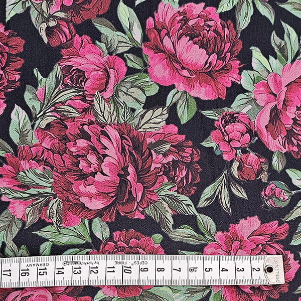 Baumwollsatin Blumen schwarz und rosa