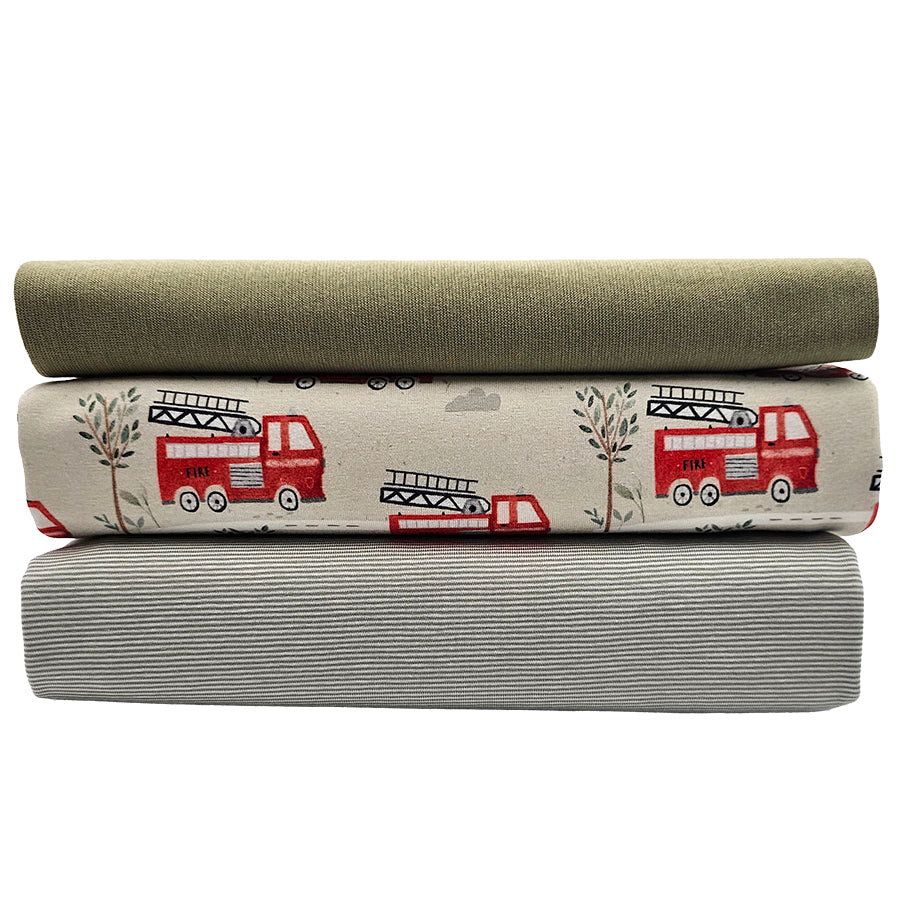 Jersey Stoffpaket Feuerwehr und Streifen khaki mit Bündchen