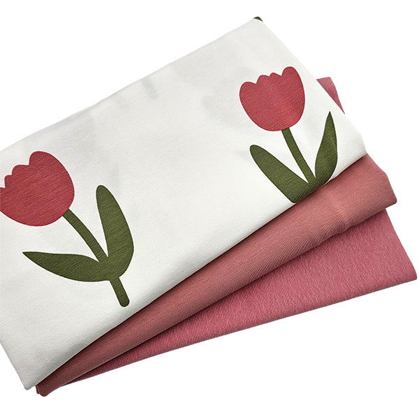 Jersey Stoffpaket Tulpen und uni rose mit Bündchen