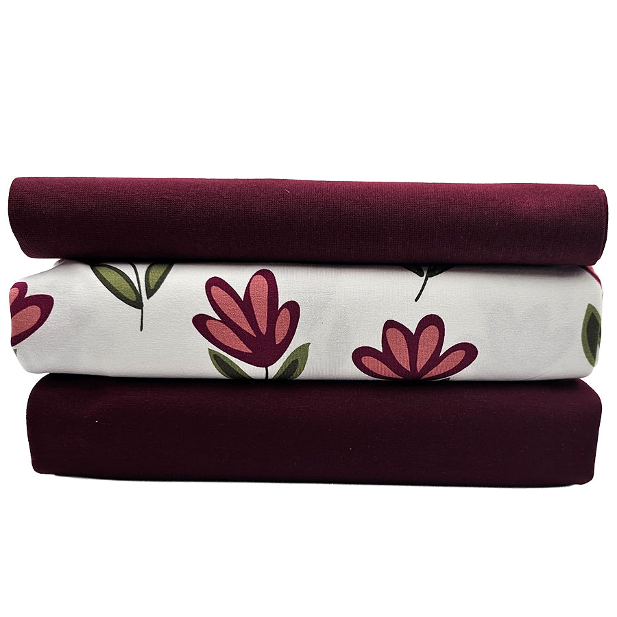 Jersey Stoffpaket Blumen rosa und uni bordeaux mit Bündchen