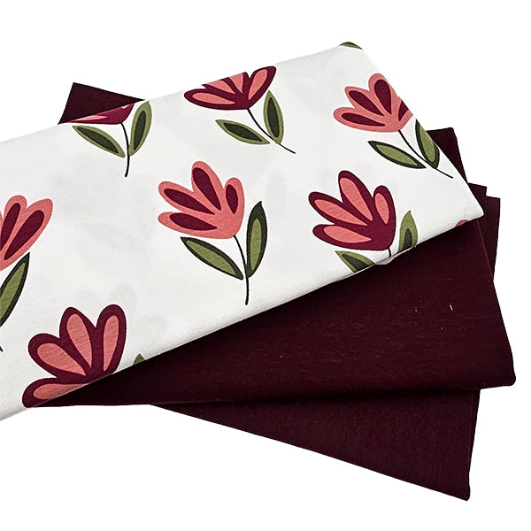 Jersey Stoffpaket Blumen rosa und uni bordeaux mit Bündchen