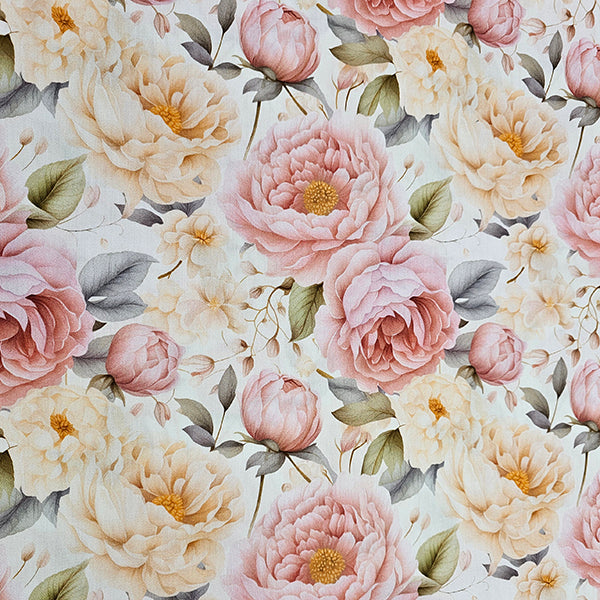 Baumwollsatin Siena große Blumen Pastell rose und buttergelb