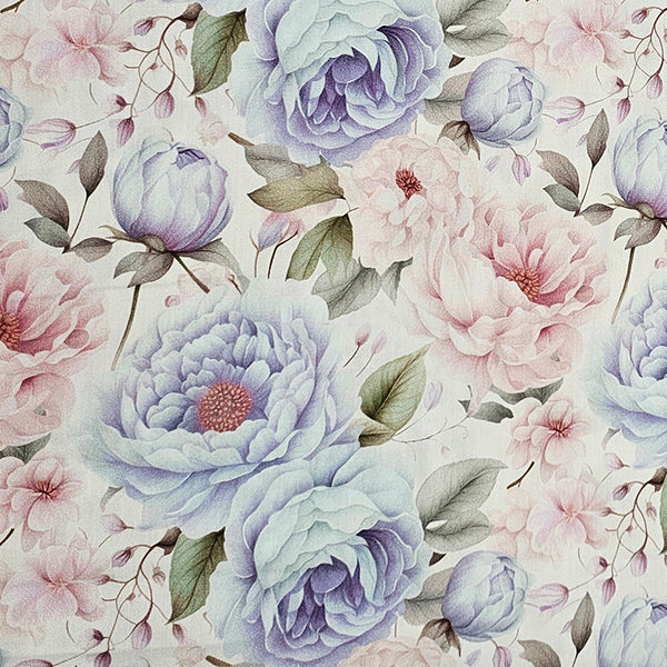Baumwollsatin Siena große Blumen Pastell altrosa und hellblau