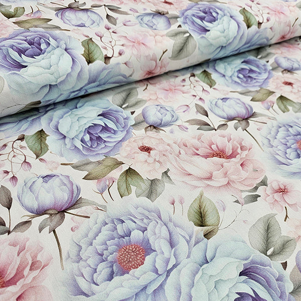 Baumwollsatin Siena große Blumen Pastell altrosa und hellblau