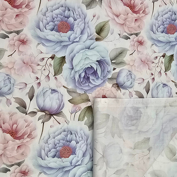Baumwollsatin Siena große Blumen Pastell altrosa und hellblau