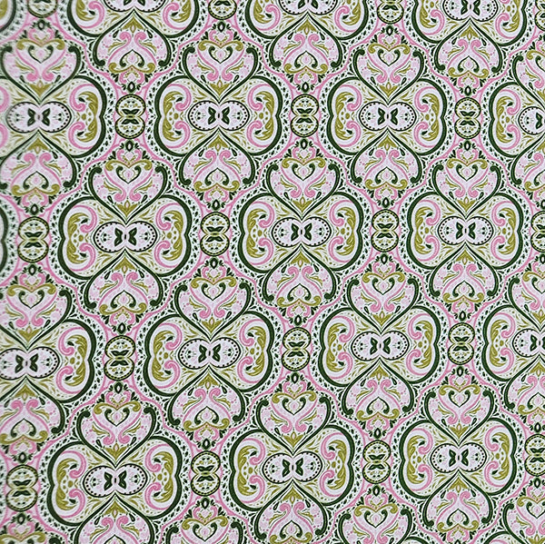 Baumwollsatin Siena Ornamente grün und rosa