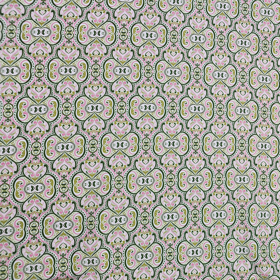 Baumwollsatin Siena Ornamente grün und rosa
