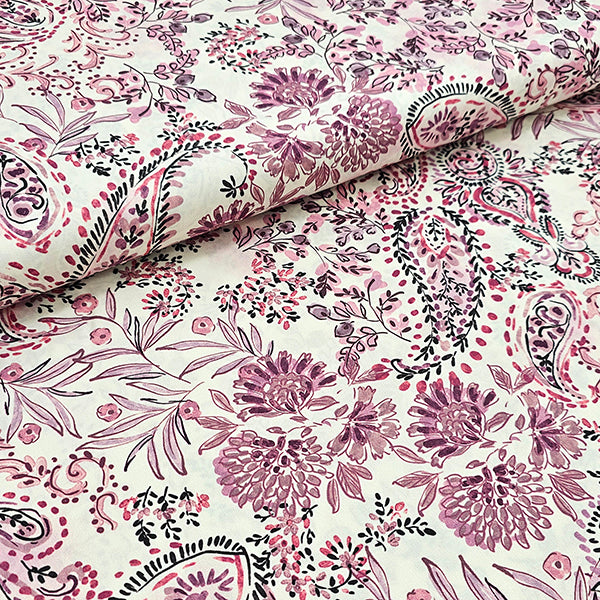 Baumwollsatin Paisley und Pflanzen rouge