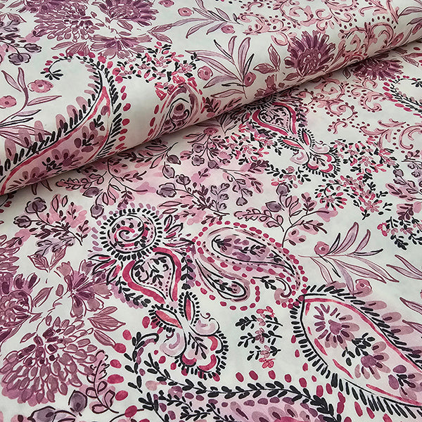 Baumwollsatin Paisley und Pflanzen rouge