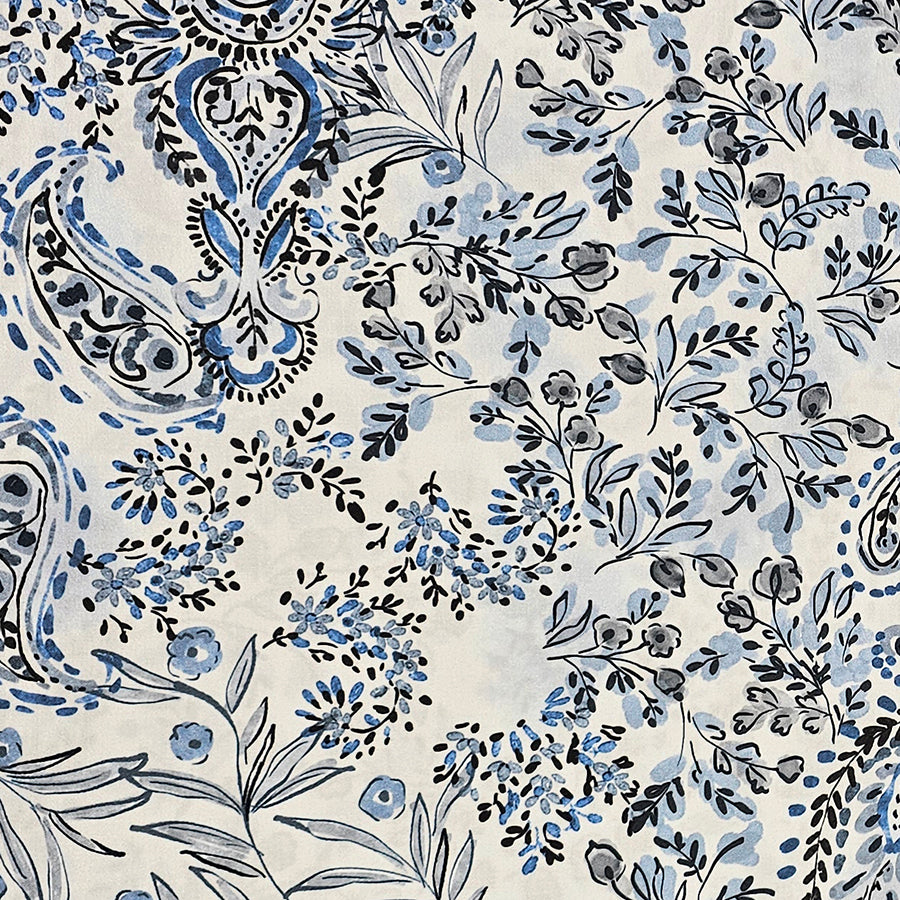 Baumwollsatin Paisley und Pflanzen blau