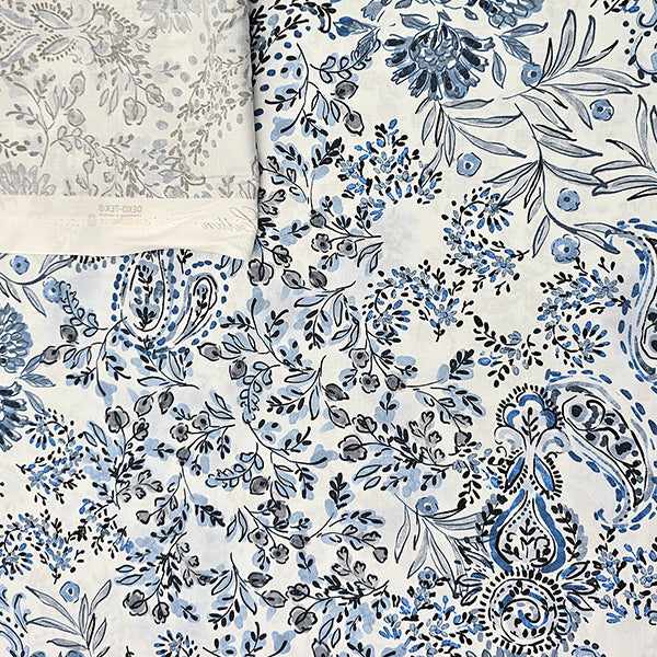 Baumwollsatin Paisley und Pflanzen blau