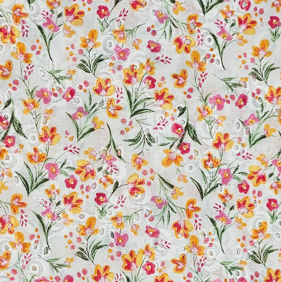 Baumwolle Stickerei Blumen orange und pink