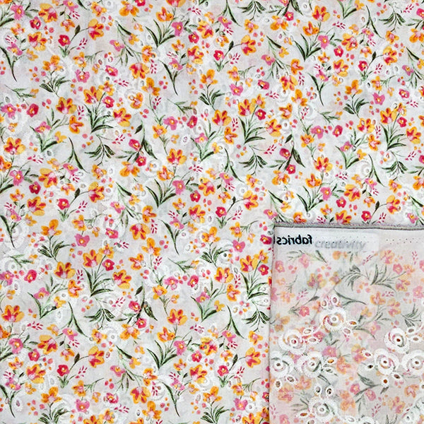 Baumwolle Stickerei Blumen orange und pink