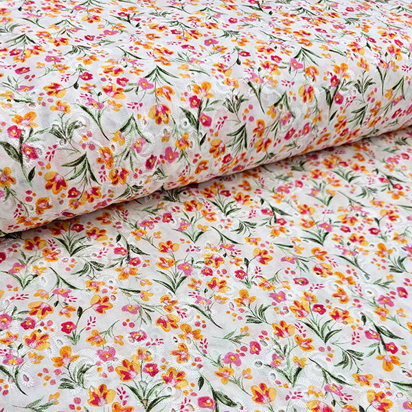 Baumwolle Stickerei Blumen orange und pink