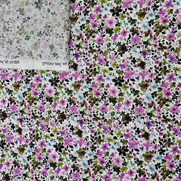 Baumwoll-Voile Blumen violett und grün