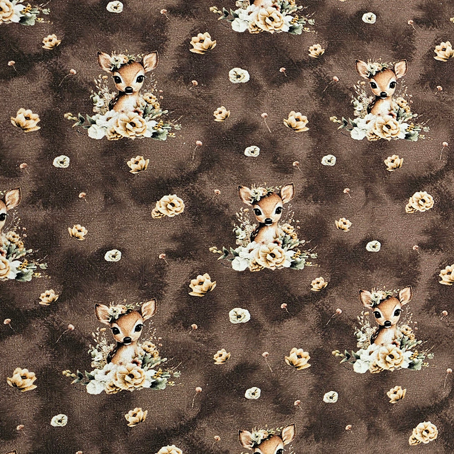 Jersey Stoffpaket Reh mit Blumen braun und Bündchen