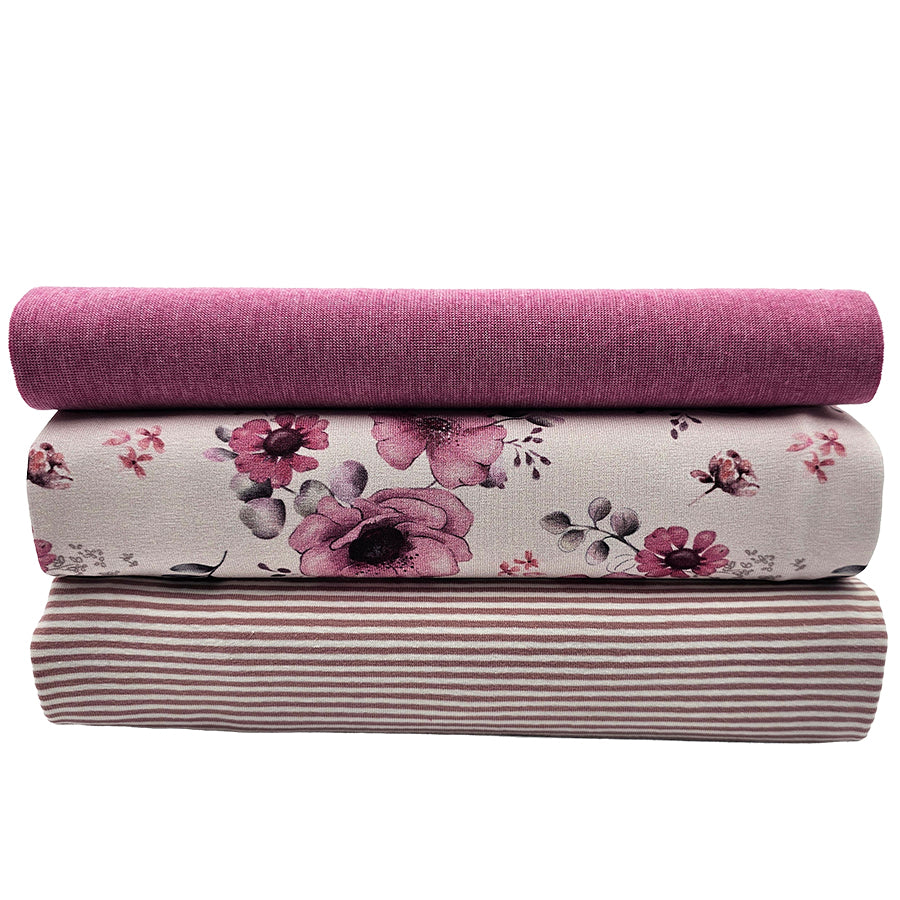 Jersey Stoffpaket Blumen ecru und Streifen mit Bündchen