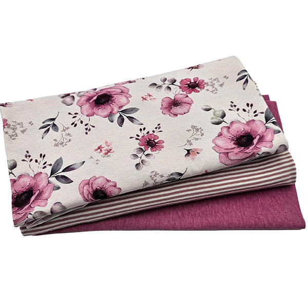 Jersey Stoffpaket Blumen ecru und Streifen mit Bündchen