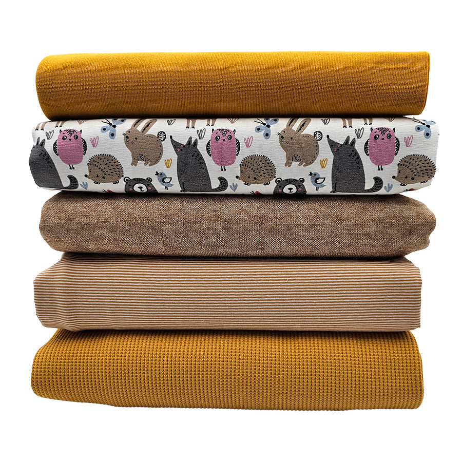 Stoffbox Jersey Tiere und Waffeljersey mit Bündchen senf