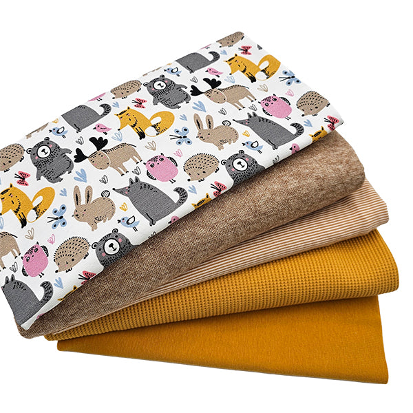 Stoffbox Jersey Tiere und Waffeljersey mit Bündchen senf