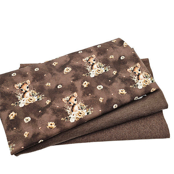 Jersey Stoffpaket Reh mit Blumen braun und Bündchen