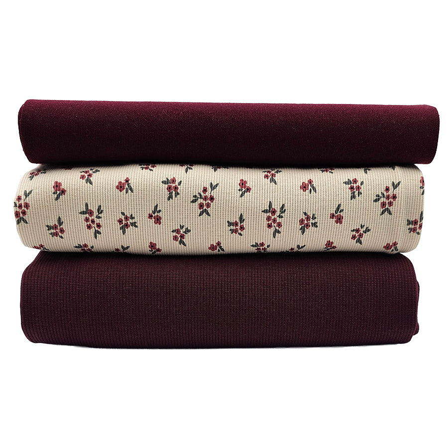 Rippjersey Stoffpaket Blümchen und bordeaux mit Bündchen