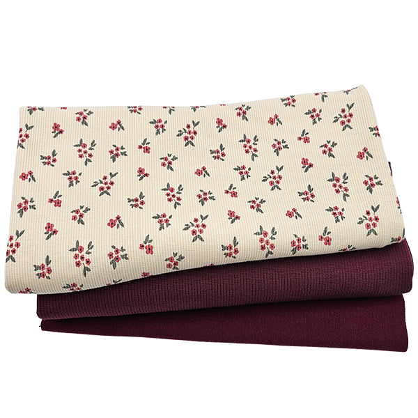 Rippjersey Stoffpaket Blümchen und bordeaux mit Bündchen