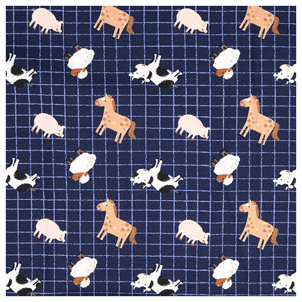 Jersey Stoffpaket Bauernhof und streifen marine mit Bündchen Bio