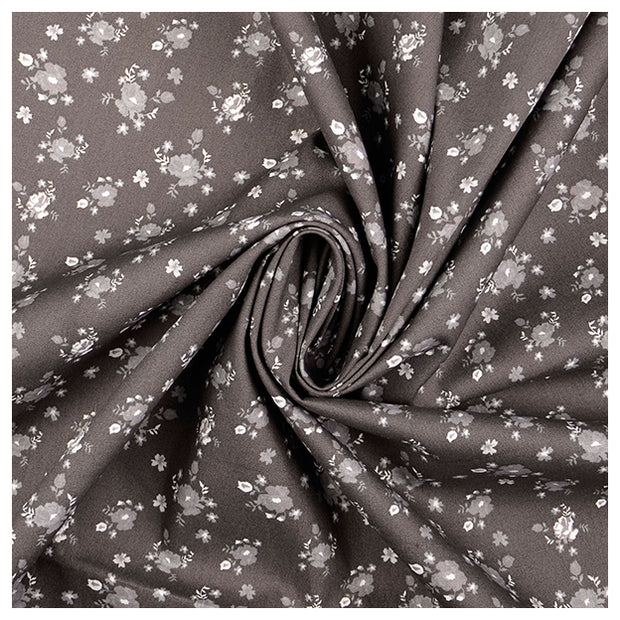 Baumwoll-Popelin Blumen grau/weiß