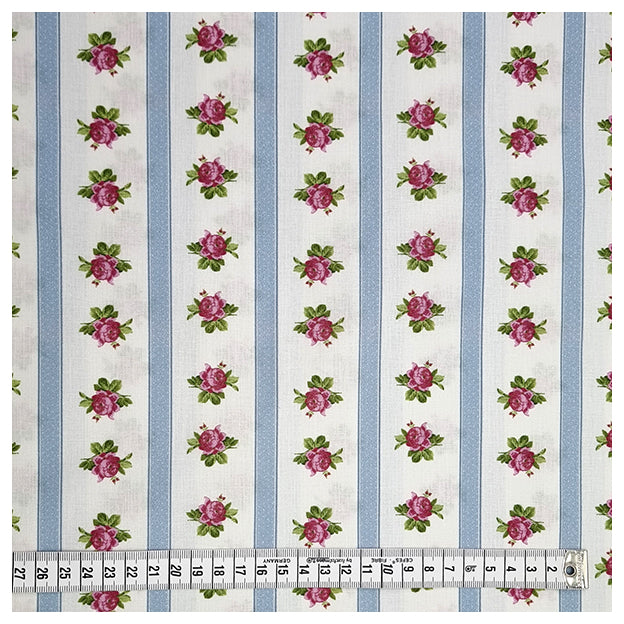 Baumwolle gestreift mit Rosen blau und rosa