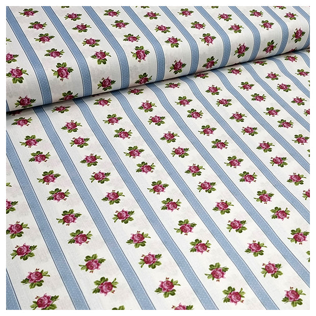 Baumwolle gestreift mit Rosen blau und rosa