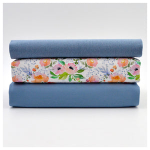 Stoffpaket Jersey Blumen Aquarell und uni stahlblau mit Bündchen