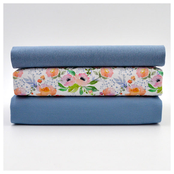 Stoffpaket Jersey Blumen Aquarell und uni stahlblau mit Bündchen