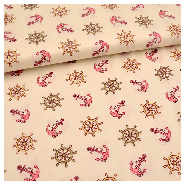 Baumwollstoff Anker Steuerrad rosa/naturweiß