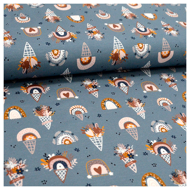 Jersey Blumen und Regenbogen jeansblau