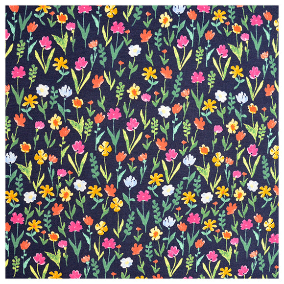 Jersey bunte Blumen dunkelblau
