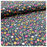 Jersey bunte Blumen dunkelblau