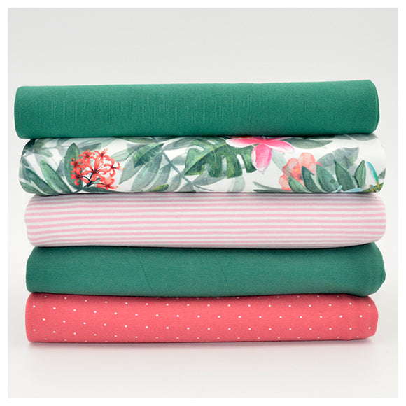 Stoffbox Jersey Blätter Grün/rosa + Bündchen GOTS